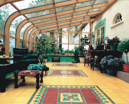 Curved Glass Roof Sunroom or Solarium with Wood Interior